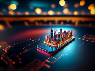 Fototapete - A tiny city skyline model rests on a smartphone screen, illuminated by vibrant bokeh lights against a dark circuit board backdrop. Futuristic tech concept.