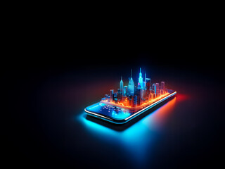 Poster - Futuristic city skyline glows with neon orange and blue lights, sitting atop a modern smartphone against a stark black backdrop.