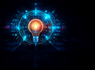 Aufkleber - A glowing light bulb emits warm light, surrounded by bright blue futuristic circular elements on a dark backdrop, resembling digital technology.