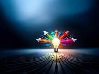 Aufkleber - Illuminated lightbulb radiates bright idea, surrounded by colorful arrows pointing outwards on a dark reflective surface with a spotlight effect.
