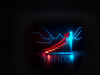 Leinwandbilder - Glowing red arrow ascends a blue bar chart against a dark backdrop, symbolizing growth and positive trends with neon light effect.