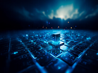Poster - Glowing cube illuminates a keyboard in a dark blue ambiance, suggesting a futuristic and technological concept of digital connection and innovation.
