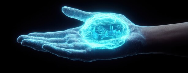 Poster - Futuristic Technology Concept of Holographic Display in Human Palm for Digital Innovation and Communication