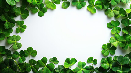 Vibrant green clover leaves framing a white clean background. St. Patrick’s Day. Copy space. Generative AI