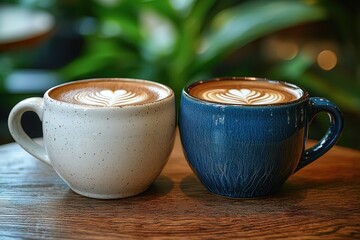 Two beautifully crafted coffee cups with latte art on a wooden table, surrounded by lush green plants in a cozy café setting