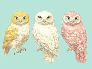 Wall Mural - vintage vector illustration of three unique owls with distinctive features and colors on a soft back