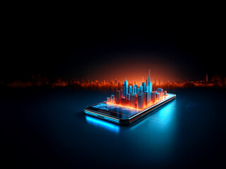 Poster - A smartphone displays a futuristic city skyline as a projection. The digital cityscape glows in vibrant orange and blue hues against a dark backdrop. This modern image represents urban technology.