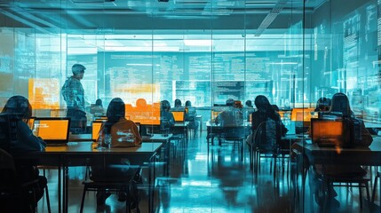 Students in a tech classroom, learning programming, data science.