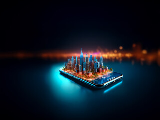 Poster - Miniature city skyline on a glowing smartphone, illustrating urban innovation and digital connection in a modern, vibrant style.