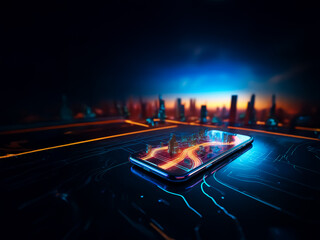 Aufkleber - A smartphone displays a vibrant city map with glowing orange lines, resting on a dark circuit board surface with blue neon accents, against a blurred cityscape.