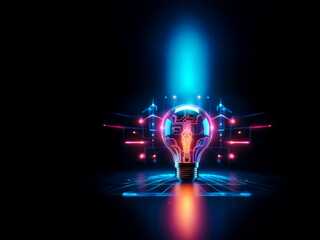 Leinwandbilder - A glowing lightbulb with circuit board patterns emits a bright blue light beam against a dark backdrop. Neon pink and blue lines accentuate the technological and futuristic design.