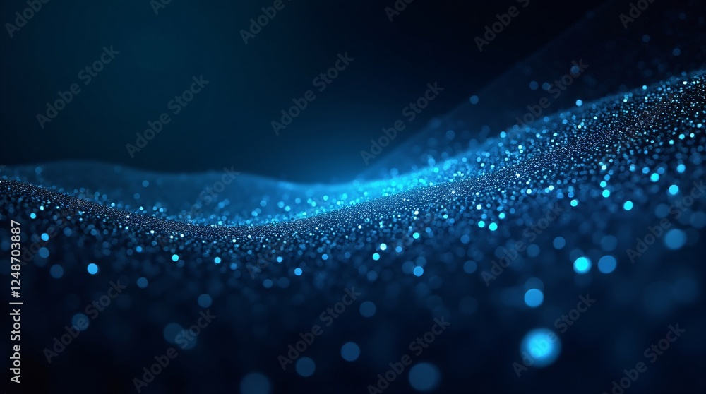 Abstract blue glowing particles wave on dark background with copy space ...