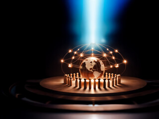 Poster - A glowing globe encircled by figures on a pedestal is illuminated by a bright beam of light in a dark setting, symbolizing global connection and innovation.