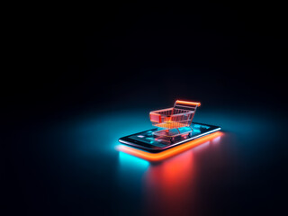 Poster - A glowing miniature shopping cart sits atop a mobile phone, bathed in vibrant neon lights against a dark backdrop, symbolizing modern online retail and digital commerce.