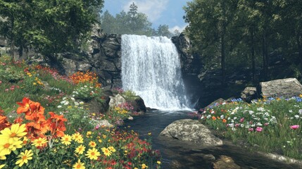 Wall Mural - Waterfall cascading into vibrant wildflowers, forest backdrop; nature serenity