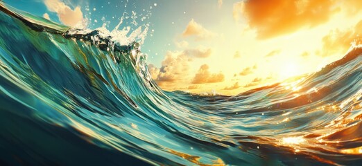 Aufkleber - Vibrant Sea Wave Crashing Under a Colorful Sky at Sunset Captured in Stunning Detail with Natural Light