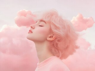 Wall Mural - a dreamy portrait of a person surrounded by pink clouds