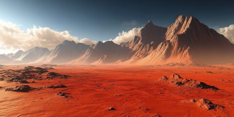 Wall Mural - Majestic Red Plains and Mountains on Mars with Dramatic Sunset and Dust Storm