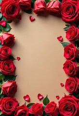 Poster - Romantic Floral Frame with Red Hearts on Kraft Paper Texture