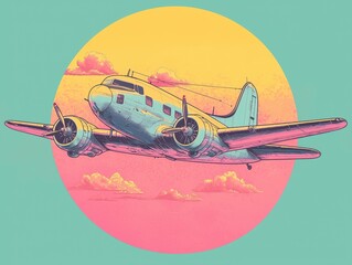 Wall Mural - vintage vector illustration of three airplanes in a colorful sunset background with clouds and retro