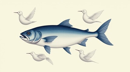 Wall Mural - Serene Fish with White Birds