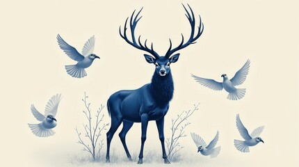 Wall Mural - Regal Deer Print with Birds