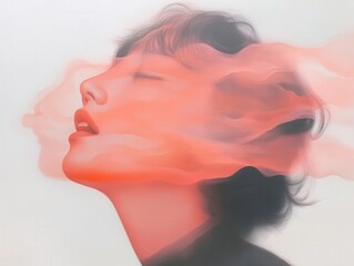 Wall Mural - woman's face overlaid with abstract red clouds, looking upwards