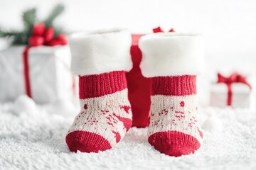 A pair of bright red and white striped socks sitting on top of a white blanket