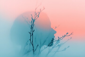 Wall Mural - a serene double exposure image of a person and branches