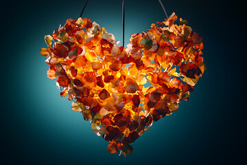 Wall Mural - Heart-shaped pendant lamp made of layered, translucent petals in shades of orange, yellow and red, illuminated against a teal background..