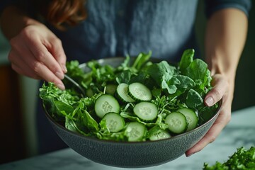 Wall Mural - A woman is holding a bowl of fresh vegetables, possibly preparing a meal or snack