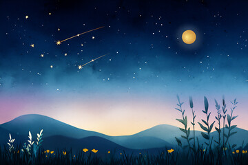 Wall Mural -  starry night sky with shooting stars watercolor