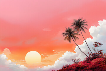 Poster -  sunrise over tropical island watercolor