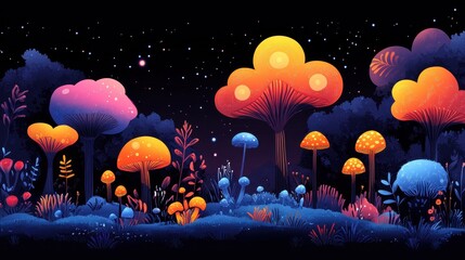 Glowing mushrooms forest night scene, fantasy illustration