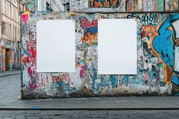 Two Blank White Posters on a Colorful Graffiti Wall in an Urban Alley Setting for Creative Projects and Visual Art