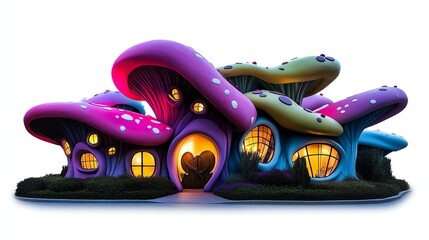 a magical fairy tale theme park, glowing mushroom houses, enchanted forest rides, dreamlike colors, ultradetailed, isolated on white background