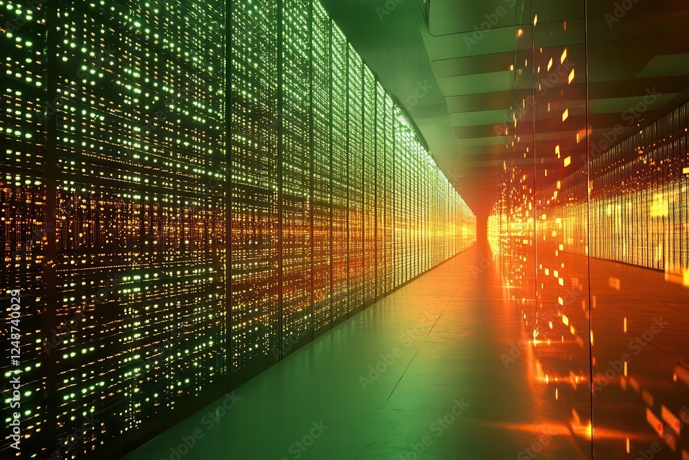 massive data center interior with endless rows of illuminated server ...