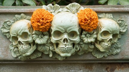 Floral skull arrangement. Three skulls adorned with marigolds, a Day of the Dead motif.