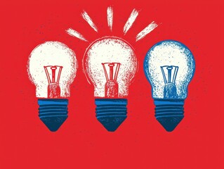 Wall Mural - vibrant light bulbs in red background featuring blue and white designs for creative and energetic vi