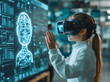 © StockLab - Advanced Classroom Technology Featuring a primary school student wearing VR headsets in futuristic classroom with AI-Powered Large Monitors Assisting Students