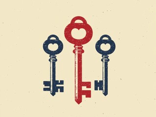 Wall Mural - vintage styled red and blue key logo design with three keys on cream background for creative project