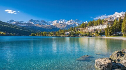 The serene St. Moritz with its turquoise lake, pristine mountains, and luxury resorts, perfect for both winter and summer getaways.