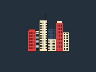 Wall Mural - Colorful Urban Skyline Illustration Featuring Red, White, and Blue Tall Buildings Against a Dark Background
