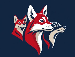 Wall Mural - Logo Design Featuring Stylized Animal Heads in Red, White, and Blue Color Scheme on Dark Background