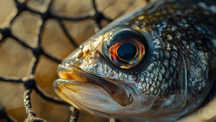 Close-up of a Fish Caught in a Net, Focus on Eye and Scales
