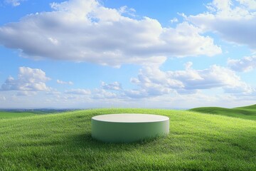 3D rendering of a green meadow with a blue sky and an empty round podium in the middle, for product display mockup