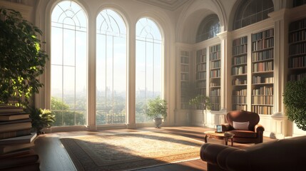 Wall Mural - Sunlit library with city view, reading chair, books