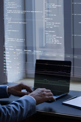 Virtual screen displaying fictional e-commerce web code, user interface styling, and system analytics. Hands on keyboard, reflecting development, programming, and digital business strategies.