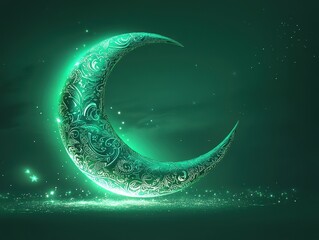 Wall Mural - Glowing Teal Crescent Moon Night Sky Abstract Background