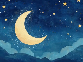 golden crescent moon and stars in a dark blue night sky